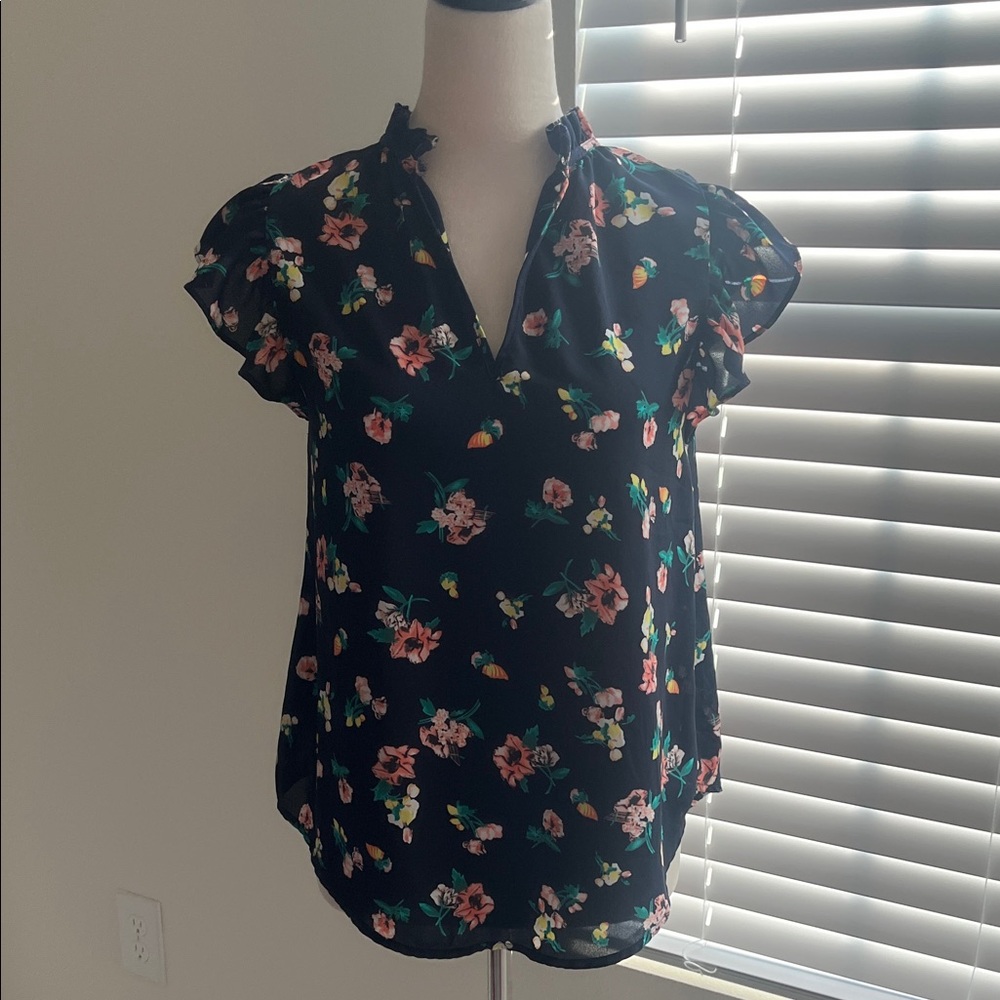 Sienna Sky Navy Floral Split-Neck Flutter Sleeve Blouse